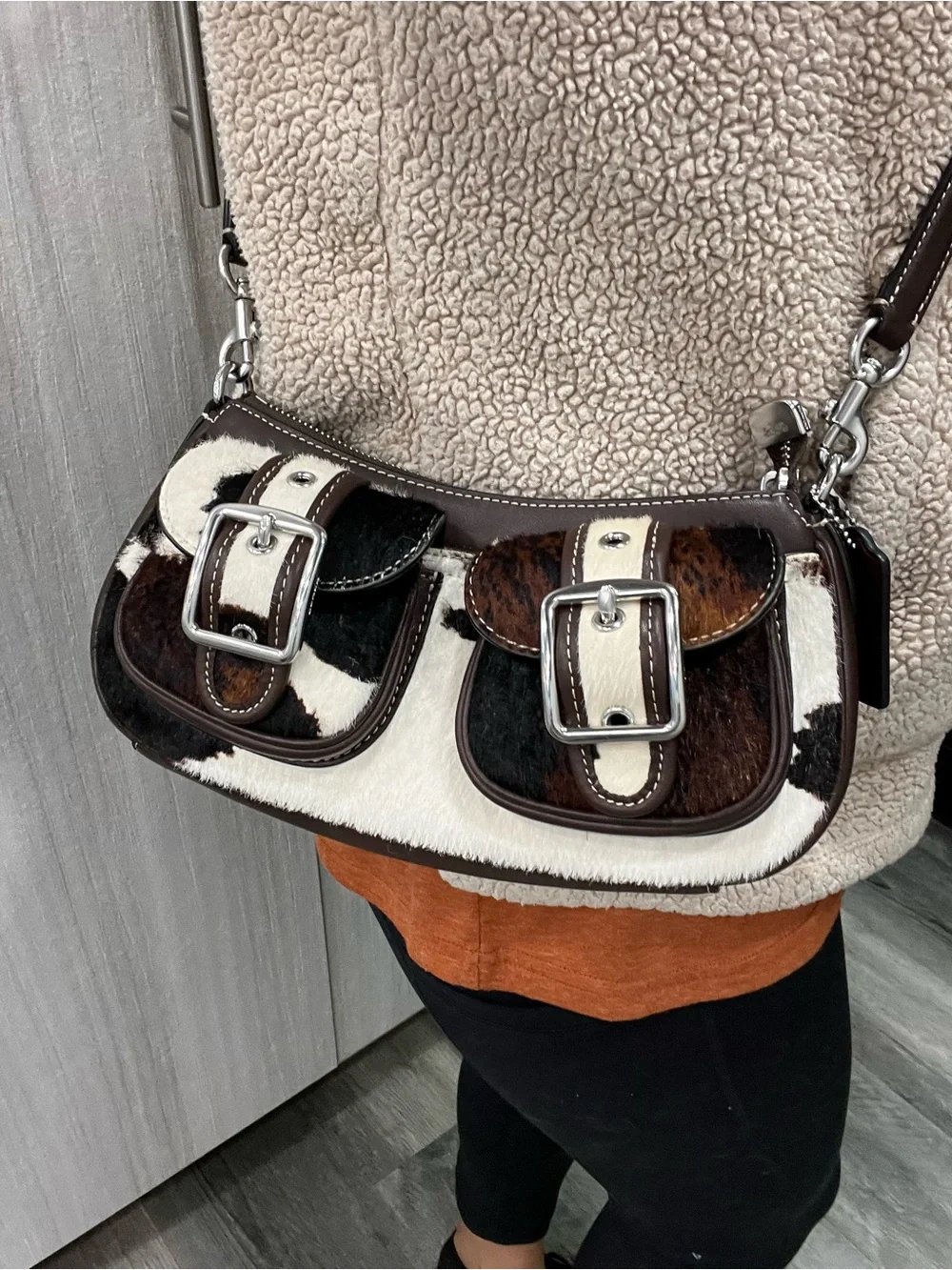 Cowhide Ashton Patch Leather Crossbody Bag in Brown and White - Picture 9 of 12
